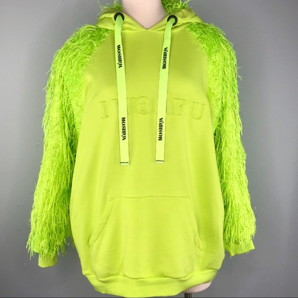 MOSHIQA Neon Green Feathers Hoodie Size M Sweatshirt Designer Trendy Celebrity - Picture 6 of 16